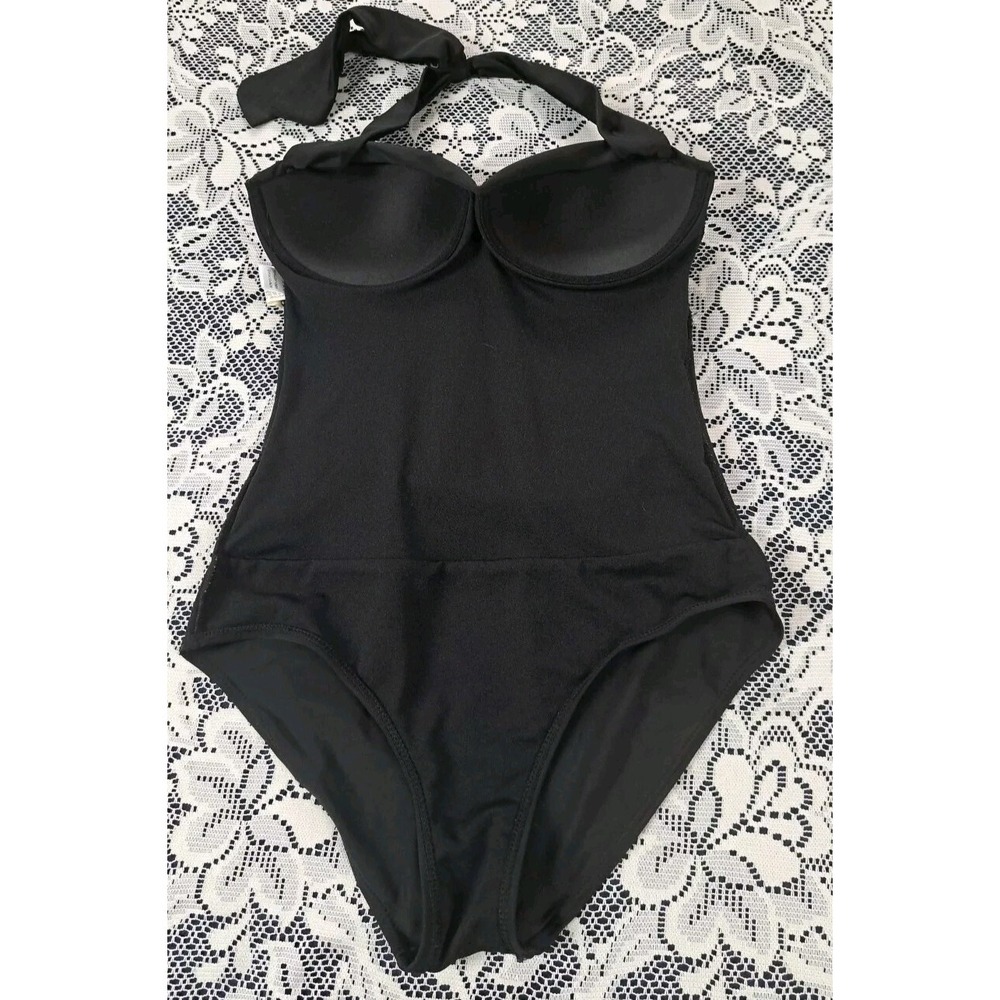 Cocoship Swimsuit Woman's Size M Solid Black One Piece Built-in Bra Halter Top - Picture 10 of 12